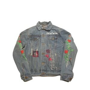 Brooklyn Cloth Denim Jacket Rose Embroidery‎ Size Small Trucker Jean Coat